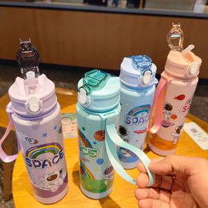 Children's Cartoon Astronaut Water Bottle Pop-Up Straw Pc Plastic Cup With Carrying Strap For School Kids Gift Bpa Free - Product Image 4