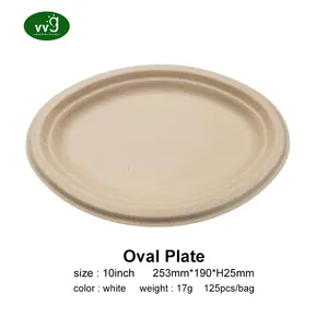 VVG No Add Pfas Eco Friendly Biodegradable 12 Inch White Oval Disposable Sugarcane Paper Dinnerware Plates For Parties