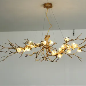 Golden Branch Pendant Lamps Art Twig Tassel Crystal Beads Ceiling Lights Decor Hotel Lobby Restaurant Chandeliers