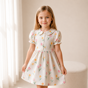 Robe smockée à imprimé floral pour filles, manches courtes, col Peter Pan, volants, robe pour bébé fille, OEM ODM - Product Image 1