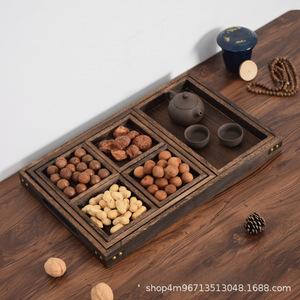 Bandeja de madera china con divisores para té, aperitivos, pasteles, multifuncional, apta para alimentos, diseño rectangular de 1 nivel - Product Image 2