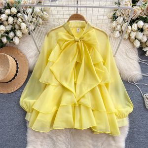 Blouses décontractées à manches longues et nœud à volants pour femmes, chemises à manches bouffantes, hauts doux pour dames, vêtements - Product Image 2