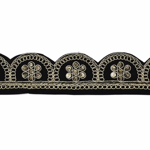 Hand Embroidered Scalloped Lace Trim with Floral Motifs Metallic Thread Work Water Soluble for Garments Dupattas Bags & <b>Shoes</b> - Product Image 1