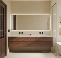 Lemari Kabinet Kamar Mandi Desain Minimalis Modern Mewah dari Walnut Melamin, Terpasang di Dinding, dengan Cermin LED dan Wastafel
