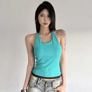 Top Halter Trenzado Colorblock Verde Menta con Espalda Abierta y Lazos, Ajuste Delgado Juvenil, Top Sexy Sin Mangas para Vacaciones en el Sudeste Asiático - Product Image 5