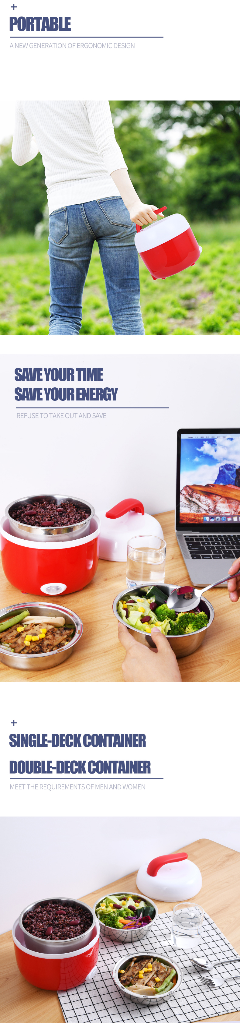 Electric Lunch Box Portable 304 Stainless Steel Heated Meal Warmer Food Container Travel Rice Cooker Tableware Set