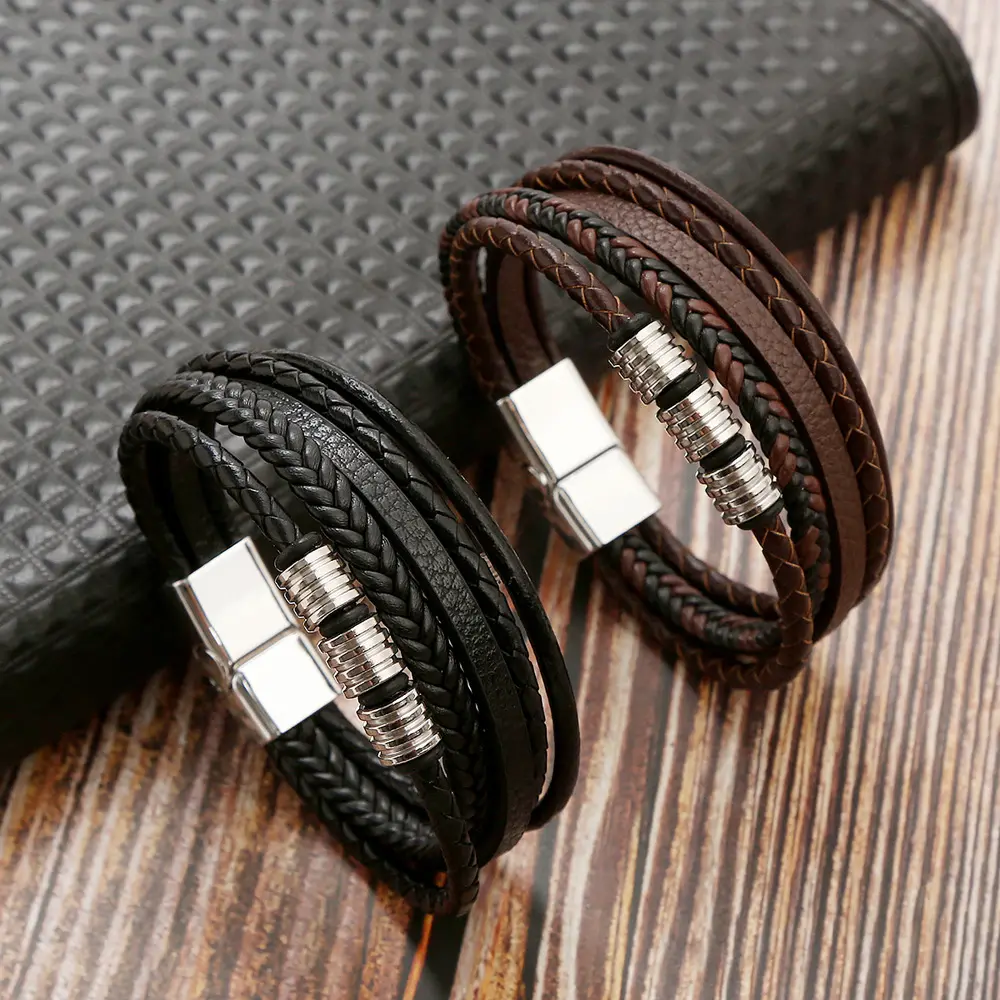 Pulsera de piel de acero inoxidable pulseira tecido pulseira de couro de aço inoxidável fecho magnético pulseira de couro dos homens jóia