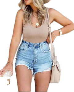 Shorts de mezclilla elásticos de cintura alta para mujer, transpirables, ecológicos, de spandex/algodón, desgastados, casuales, con efecto enzimático, de moda. - Product Image 1