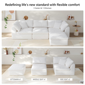 Sofá Seccional Cuadrado Extra Grande de Tres Plazas, Estilo Escandinavo, en Tela Chenille Color Blanco Hueso, para Apartamentos y Villas - Product Image 2