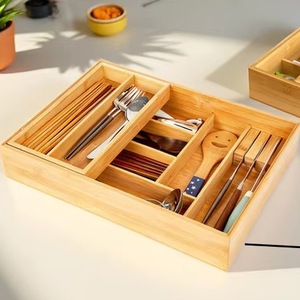 Organizador de cajones de bambú de dos niveles con bandeja extraíble para cubiertos, inserto profundo para utensilios. - Product Image 1