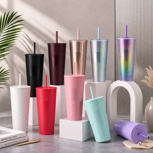 Custom 24oz Double Wall Plastic Mug Acrylic Reusable <b>Cold</b> Pineapple <b>Cup</b> Matte Studded Tumbler With Lids and Straws - Product Image 1