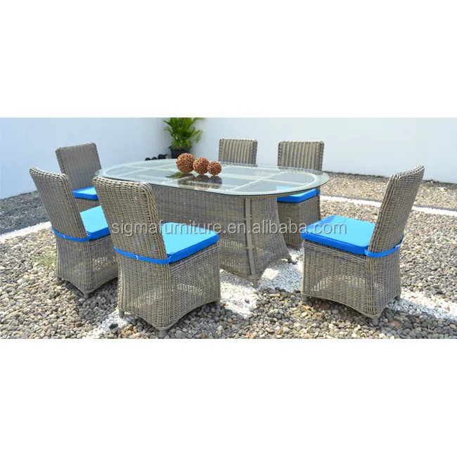 Di lusso soggiorno mobili da giardino esterno 7 pezzi in rattan intrecciato a mano da pranzo ovale tavolo e sedie senza braccia