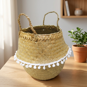 Natural Palm Leaf Eco-Friendly Durable <b>Storage</b> <b>Basket</b> Circle Shape with Handles Rustic Style <b>White</b> Pom Pom Trim Home Decoration - Product Image 3