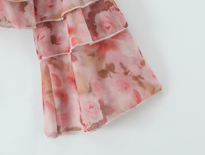 Camicetta da Donna Rosa con Scollo a V, Allacciatura, Stampa Floreale, <span class=keywords><strong>Volant</strong></span> a Strati, Maniche Lunghe, Casual e alla Moda - Product Image 4