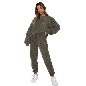 Nieuwe Dames <span class=keywords><strong>Corduroy</strong></span> Effen Kleur Ronde Hals Pullover Lange Mouwen Lange Broek Tweedelige Set - Product Image 5