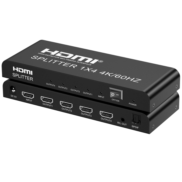 4K 60Hz HDTV Splitter 1 in 4 Out 1x4 Distributor with SPDIF Optical & 3.5mm Audio Output Metal EU/US/UK Plug