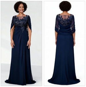 فساتين أم العروس من الشيفون المزين بالترتر باللون الأزرق البحري مع عباءة، تصميم A-Line بمقاسات كبيرة وطول يصل إلى الأرض - Product Image 1