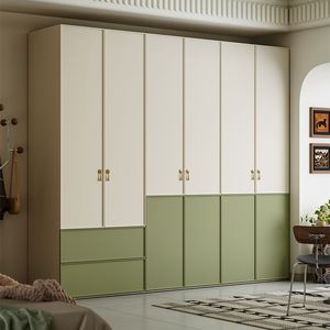 Armoire moderne crème et verte à blocs de couleur, du sol au plafond, avec quincaillerie dorée, armoire de rangement multifonctionnelle pour chambre à coucher - Product Image 1