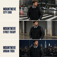 Blouson universitaire homme en cuir avec manches en cuir, fermeture à boutons-pression, bordure rayée, col côtelé, poches obliques, hiver, production OEM