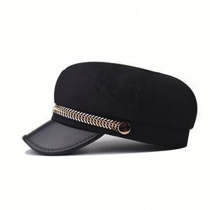 หมวกเบเร่ต์แฟชั่นอังกฤษ ฤดูใบไม้ผลิ/ฤดูใบไม้ร่วง ปี 2025 ตกแต่งด้วยโซ่โลหะลายก้างปลา ปีกหมวกทำจากหนัง PU  แบบปรับได้ หมวกทรงกัปตัน - Product Image 4