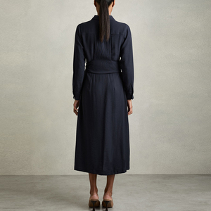 Nhà Máy OEM Thanh Lịch Dài Tay Áo Chính Thức <span class=keywords><strong>Dresses</strong></span> Phụ Nữ Tùy Chỉnh Màu Rắn Nút Up Phía Trước Belted Midi Dress - Product Image 2