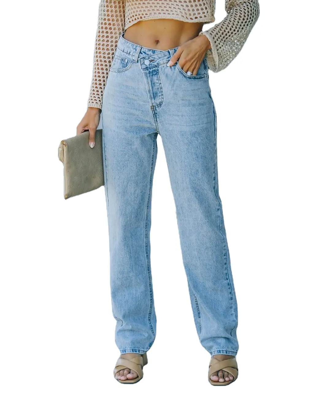 Pantalones vaqueros de mezclilla para mujer, Jeans de cintura alta, rectos y lavados, ajuste holgado, de pierna ancha, venta al por mayor