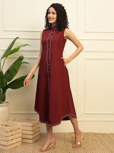 Solid Cotton Tucks A-Line Shirt <b>Dress</b> for Women Mandarin Collar <b>Sleeveless</b> Ankle Length Regular Fit <b>Summer</b> Western Party Casual - Product Image 2