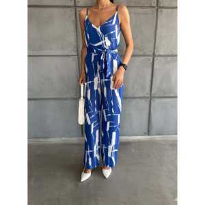 Blue White Patterned V-Neck Strappy <b>Jumpsuit</b> <b>Women</b> High Waist <b>Casual</b> Chiffon Sleeveless Breathable Street Wear - Product Image 4