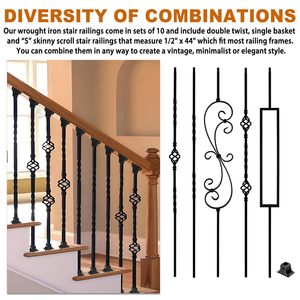 Balustres en fer forgé 44 pouces pour rampes d'escalier intérieures, décoratifs, avec fixations pivotantes, noir satiné - Product Image 5