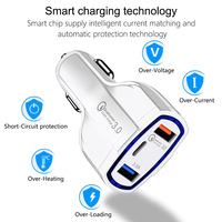 Chargeur de voiture universel QC3.0 double USB Type-C PD 3-en-1 avec câble rétractable pliable, puissance de sortie 33W, 5V/3A, 2x USB pour téléphone portable