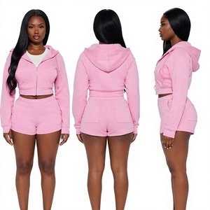 Women's Pink <b>2</b> <b>Piece</b> Shorts Set Hooded Zip Up Crop Top Fleece Tracksuit Casual <b>Outfit</b> - Product Image 1