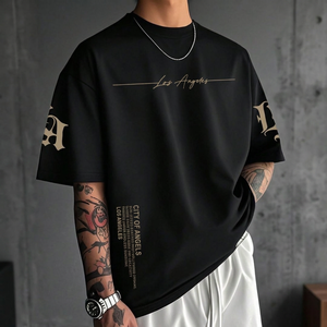 Camiseta de Manga Corta para Hombre, Oversize, Negra, con Estampado Digital de Letras, Cuello Redondo, Estilo Urbano, Algodón Jersey, Transpirable, Corte Regular - Product Image 3