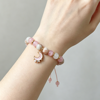 Bracelet ajustable en quartz rose naturel teinté œil de chat, perles de pierres précieuses, charme lune rose, pour la manifestation de l'amour et la guérison, bijoux pour femme