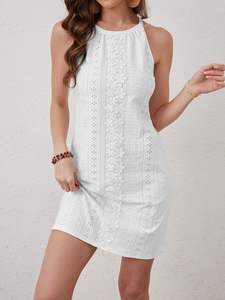 Señoras Primavera Verano Empalme de encaje Cuello redondo Cuello colgante Vestido Elegante Estilo femenino Casual Ajuste cómodo - Product Image 6