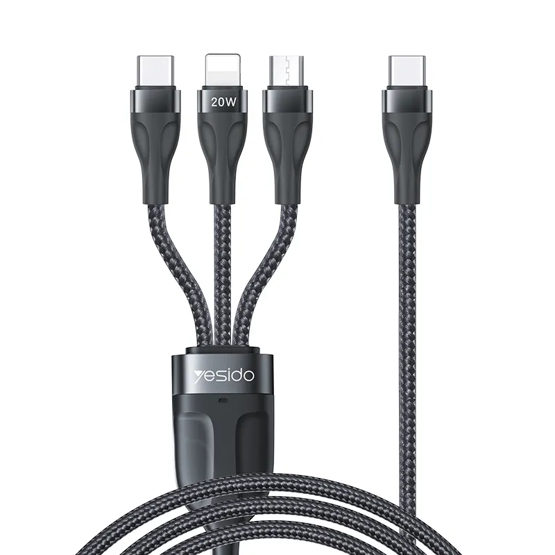 YESIDO 1.2 mètres haute capacité 3 en 1 Support PD charge rapide câble de données USB type-c