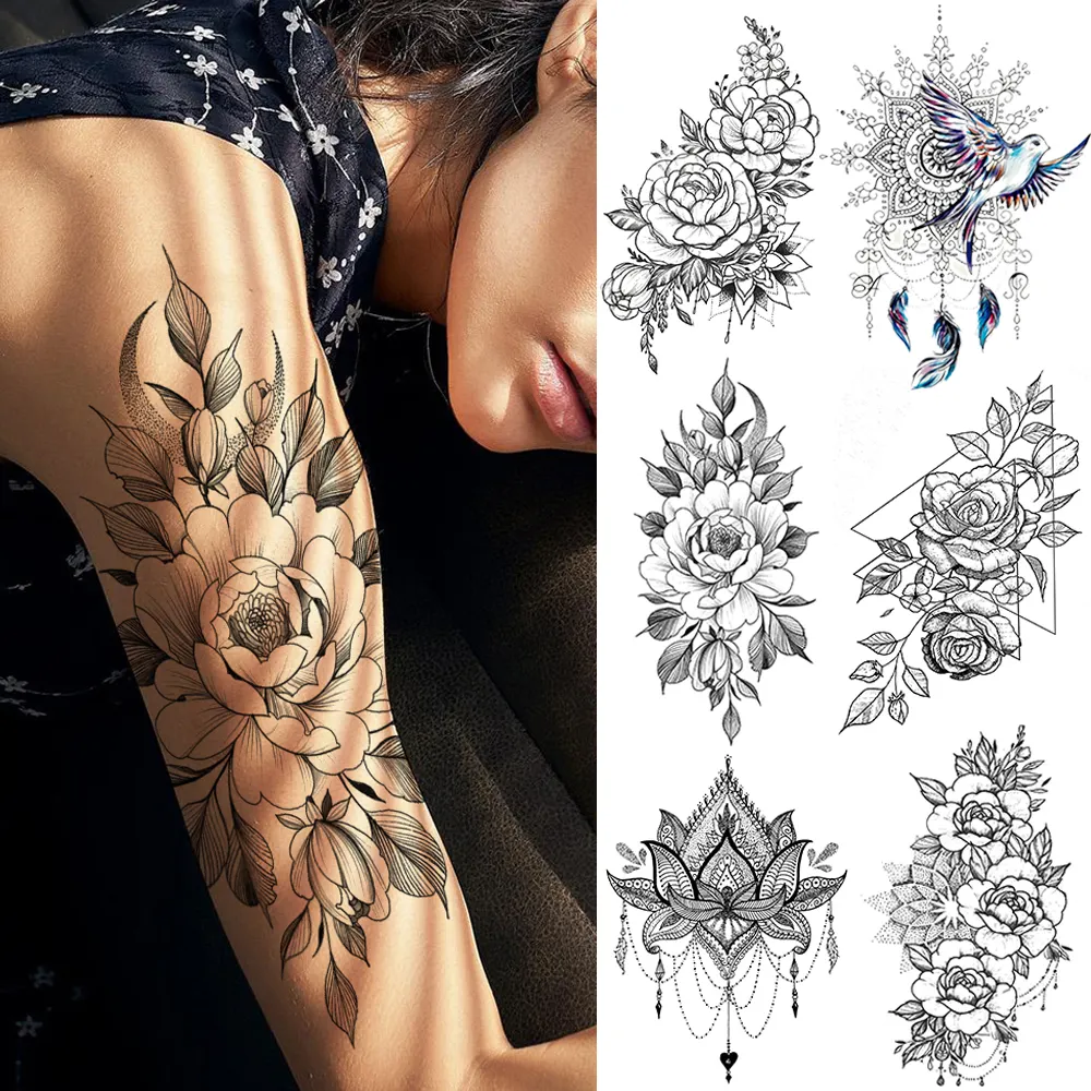 Wasserdichte temporäre Tätowierung Sexy Henna Mandala Blume Vogel Totem Body Art Tattoo Aufkleber