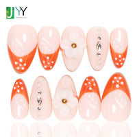 Faux ongles à presser faits main, vert French Tip, pré-conçus, style féerique, personnalisables, courts, en gelée, avec fleurs 3D en gel pour nail art