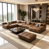 Ensemble de canapé sectionnel en forme de L avec ottoman, tissu marron, design moderne, structure en bois, canapé-lit pour salon