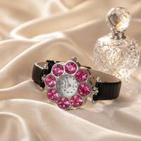 Jam Tangan Wanita Vintage Perak Kristal Pink Berbentuk Bunga dengan Tali Kulit Hitam Jam Tangan Perhiasan Kuarsa.