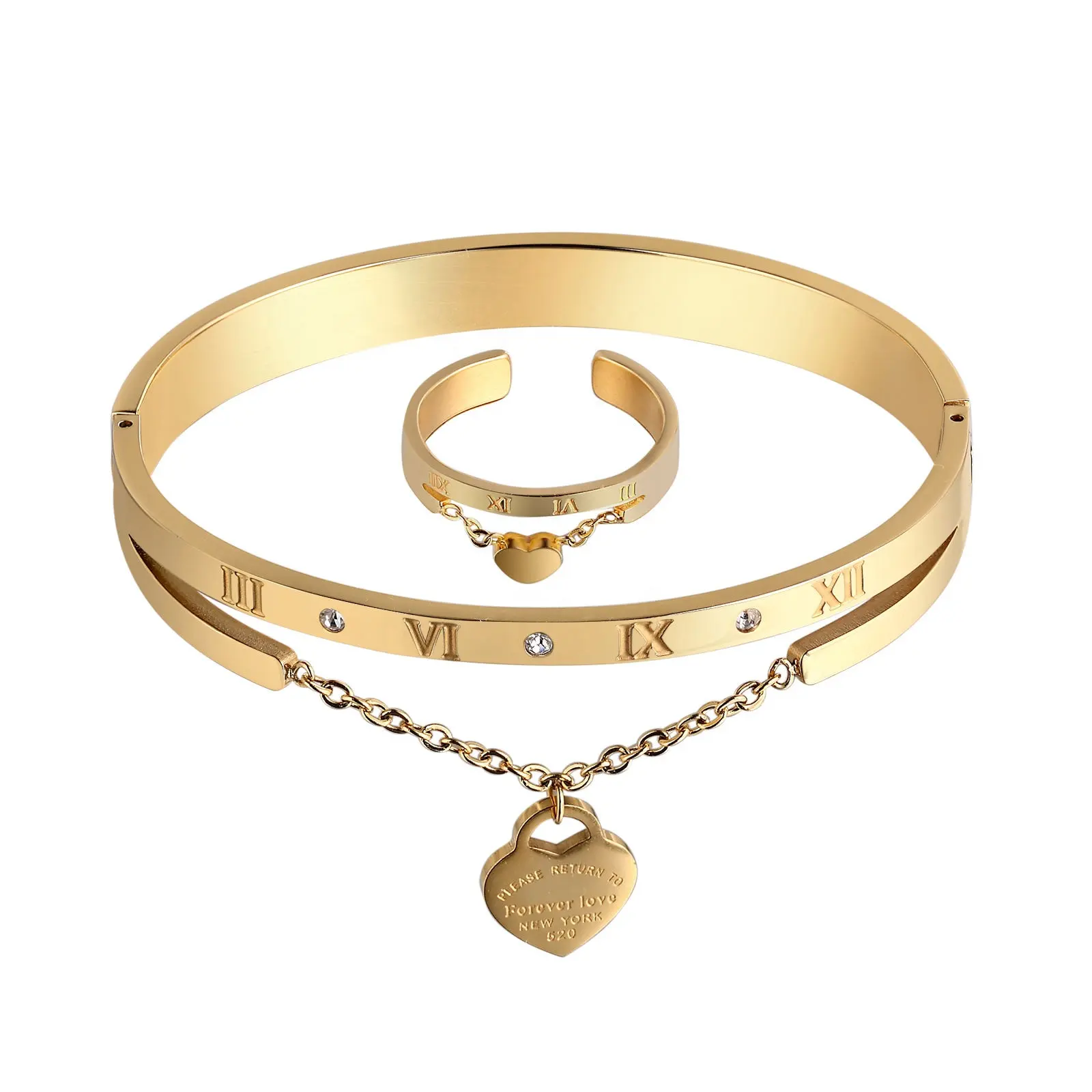Bracciale in acciaio inossidabile placcato oro con zirconi gioielli in cristallo con numeri romani Set di braccialetti con anello a catena con ciondolo a cuore