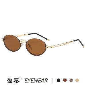 Yingtai Eyewear Retro <b>Small</b> Oval <b>Frame</b> <b>Sunglasses</b> Metal Gold UV400 Unisex - Product Image 3