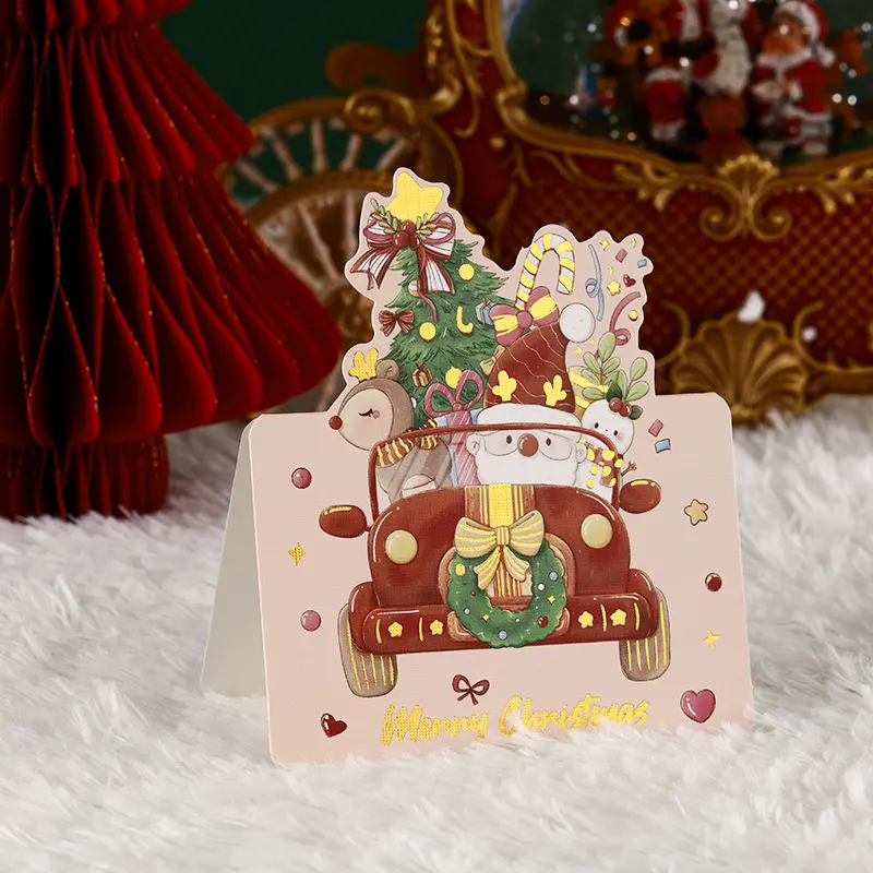 Contoh gratis grosir kartu kertas daur ulang cetak mewah buatan tangan 3D kartu Pop Up liburan kartu ucapan selamat Natal