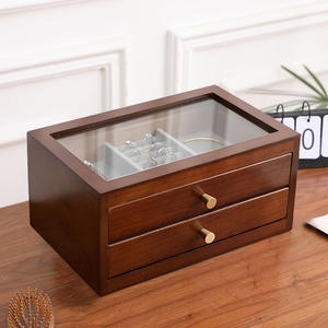 Elegante organizador de joyas Vintage de 2 capas de madera de Paulownia maciza con asas de bronce, caja de almacenamiento superior de vidrio, barniz de aceite de nuez - Product Image 2