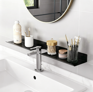Étagère murale de salle de bain avec découpe pour robinet, sans perçage, en aluminium, support flottant pour cosmétiques et articles de toilette, noir et blanc - Product Image 2