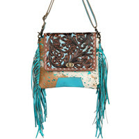 Tas Selempang Kulit Sapi Antik Gaya Barat dengan Hiasan Rumbai Turquoise, Bulu Hairon, Bordir Bulu Asli, dan Tali Pengikat yang Dapat Disesuaikan