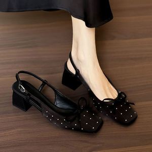 Black Satin Bow Back Strap Pointed Toe Sandals Women Thick <b>Block</b> Heel Elegant Party High Heels - Product Image 6