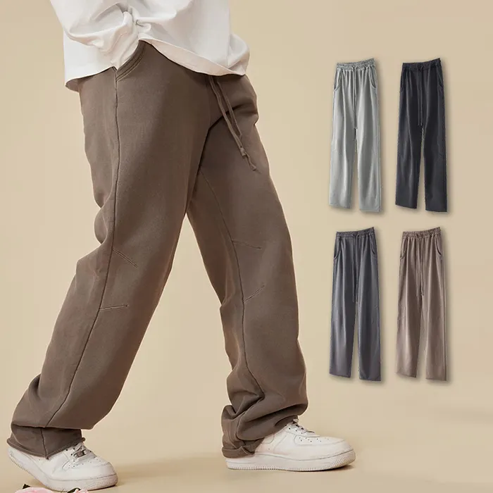 HUILIN üretici OEM düz renk 380Gsm pamuk boş geniş bacak Sweatpants erkekler ham Hem Vintage yıkanmış Sweatpants