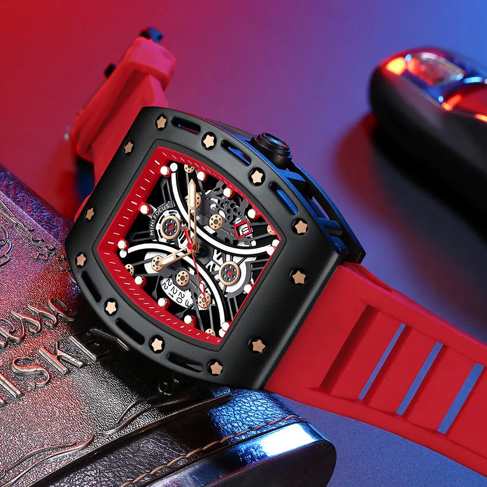 MINI FOCUS 0420G Top Brand Men's Watch Cool Stylish Silicon Belt Big Dial Quartz Watches Casual Sport Wristwatch Man Red Hollow