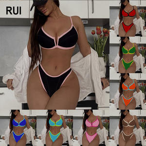 RUIQUWIN Women's <b>Thong</b> Bikini V-Neck High Support Side Stripe Backless <b>Swimsuit</b> Slim Fit Beach Vacation Seaside Swimwear - Product Image 1