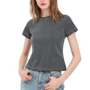 Alta qualità 240gsm cotone acido lavare Vintage T-Shirt <span class=keywords><strong>Slim</strong></span> <span class=keywords><strong>Fit</strong></span> ragazze O collo Cropped T-Shirt per le donne - Product Image 2